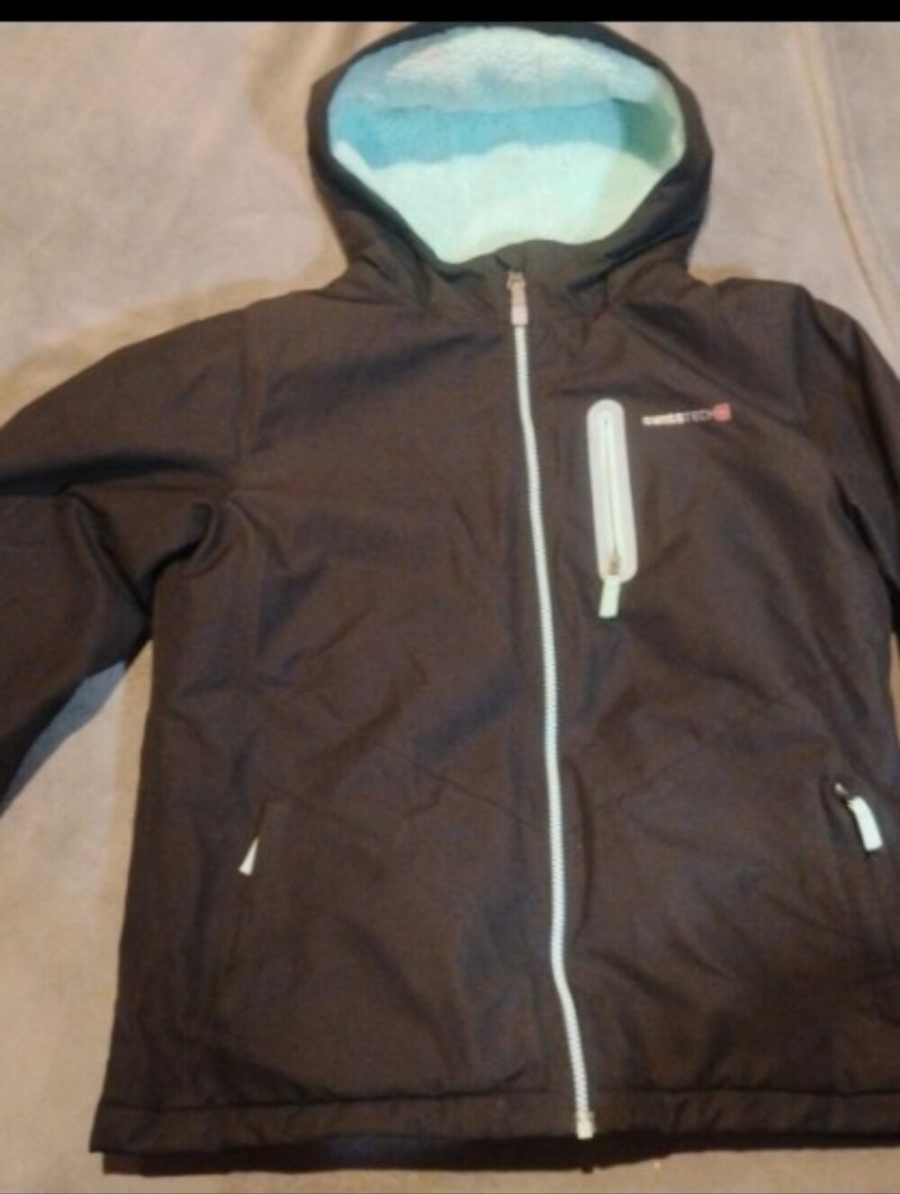 Swiss Tech Girls Hooded Winter Jacket Black/ Light Blue - Size L (10/12)